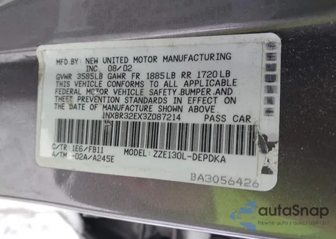 2003 Toyota Corolla Ce from USA, damaged, VIN 1NXBR32EX3Z087214